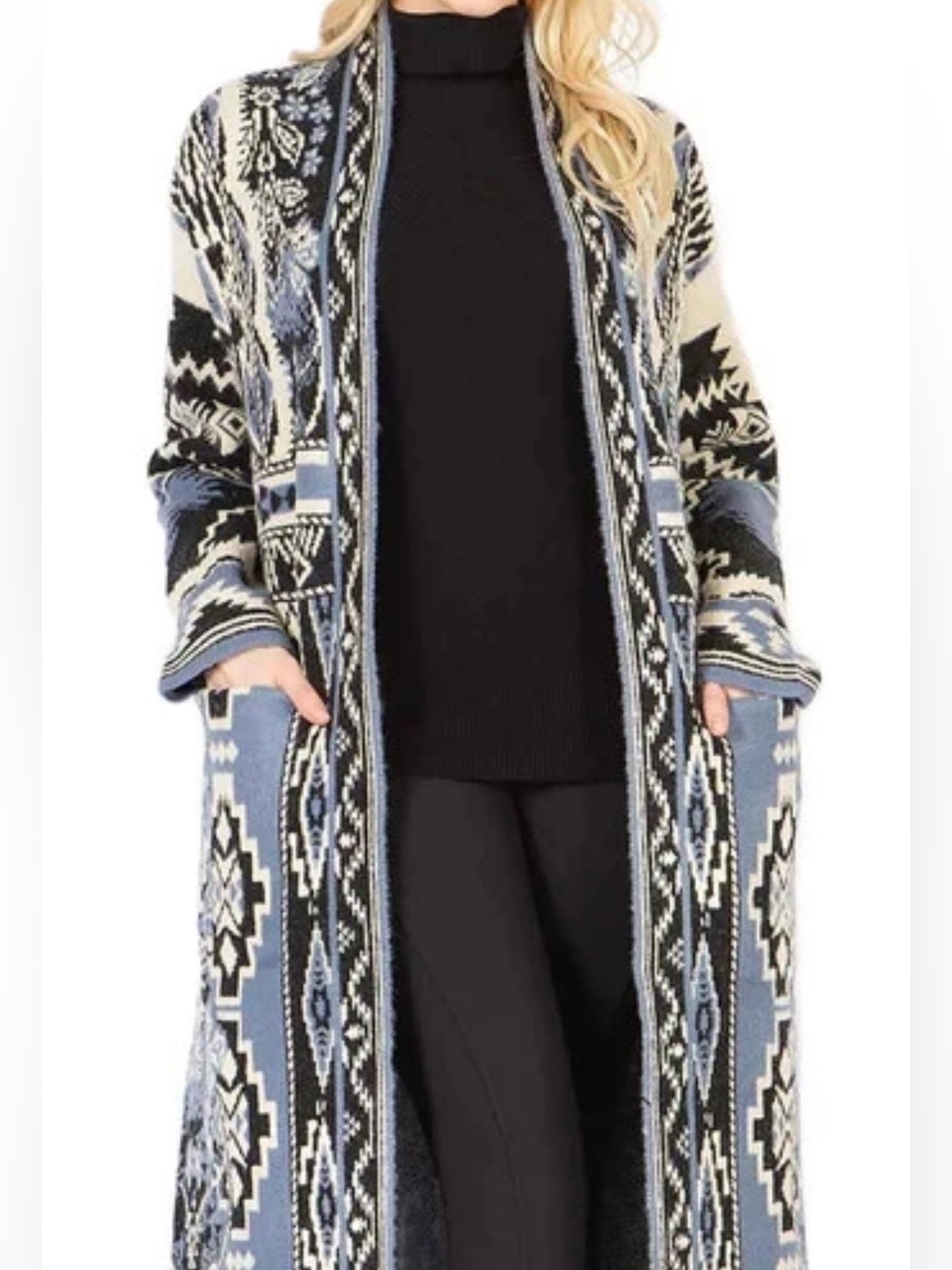 Soft Surroundings Long Aztec-Pattern Open Cardigan in Blue and Black